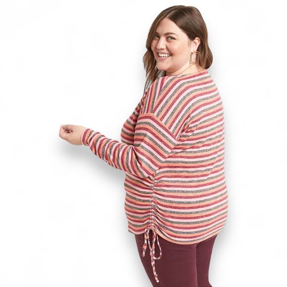 Lane Bryant Women's Boatneck Tee With Side Drawstring 26/28 Gray Pink Stripe - Picture 5 of 13